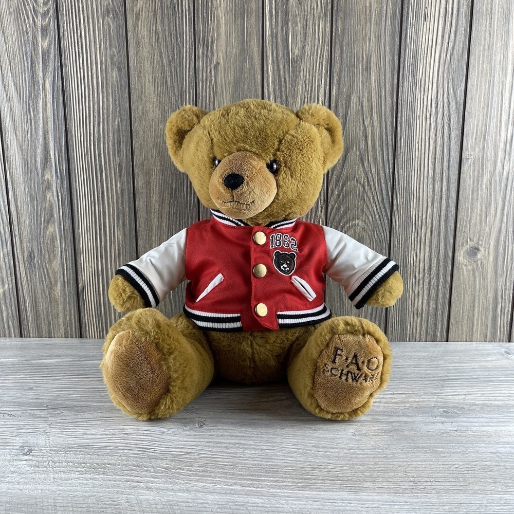 Teddy Bear Plush Stuffed Animal FAO Schwarz 12" Classic Fuzzy Brown With Jacket